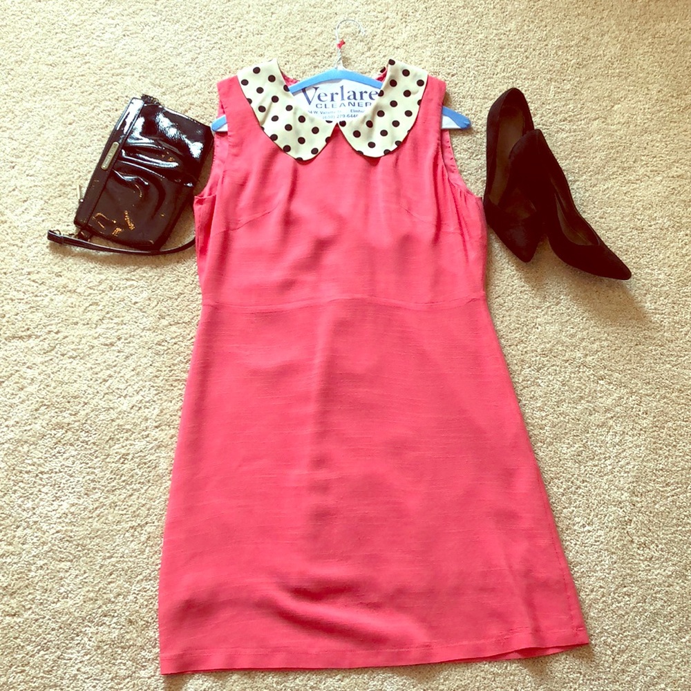 Pink linen dress with polka dot collar (UK sz 12)